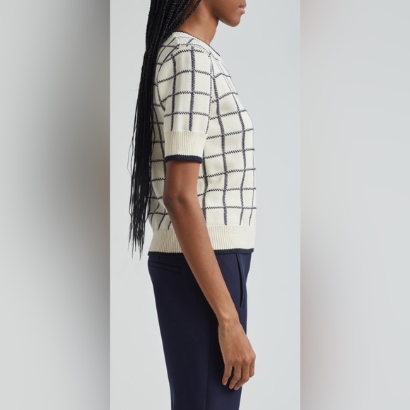 Veronica Beard Windowpane Check Short Sleeve Sweater - Ivory and Navy - Picture 4 of 7